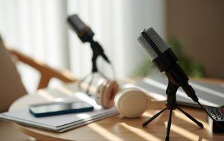 Auf einem Schreibtisch stehen zwei Mikrofone, dazwischen liegen ein Smartphone, ein Laptop und Kopfhörer.